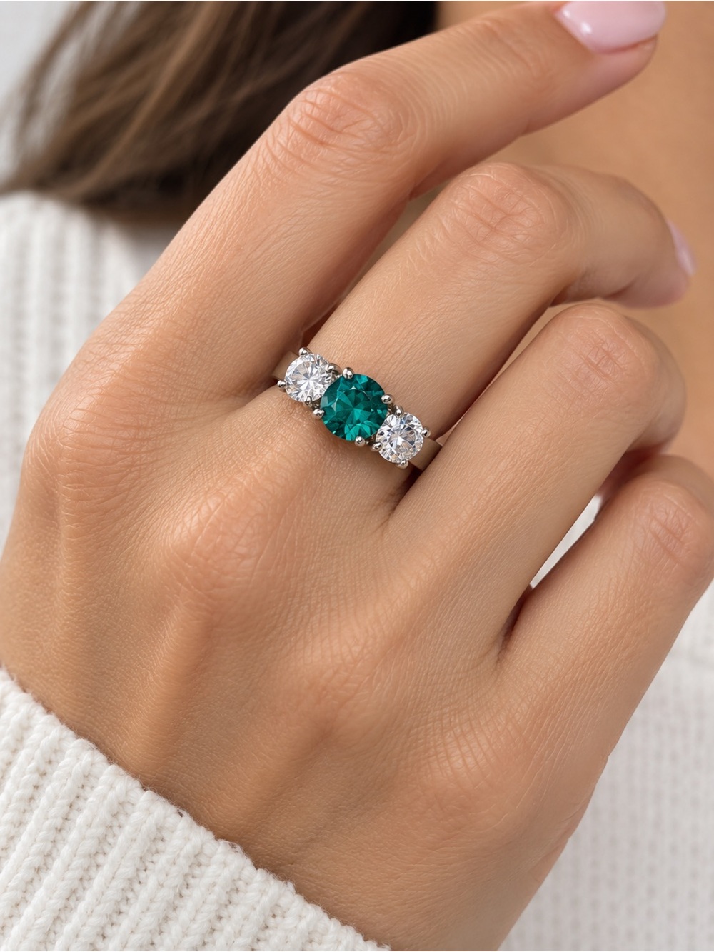Three-Stone Green Center Ring with White Accents